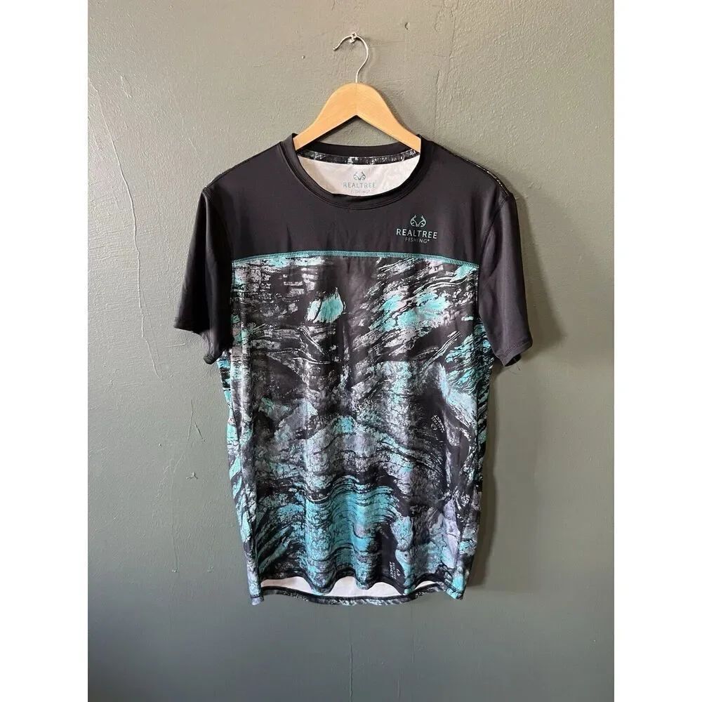 Realtree Fishing Shirt Men Sz M Multicolor Short Sleeve Wave Camo UPF30 Stretch